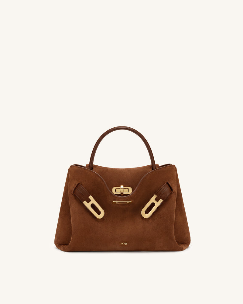 Rhea Small Faux Suede Double Buckle Shoulder Bag - Caramel Brown