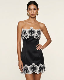 Orchid Trim Strapless Mini Dress - Black & White