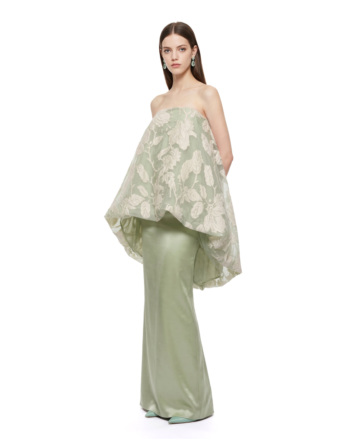 Strapless Floral Jacquard Overlay Satin Maxi Gown - Sage Green