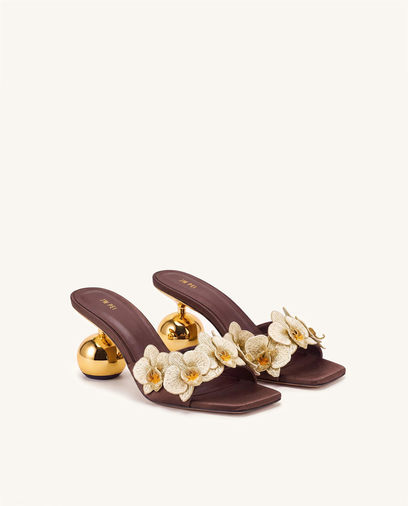 Celia Orchid Embroidered Sphere Heel Mules - Brown