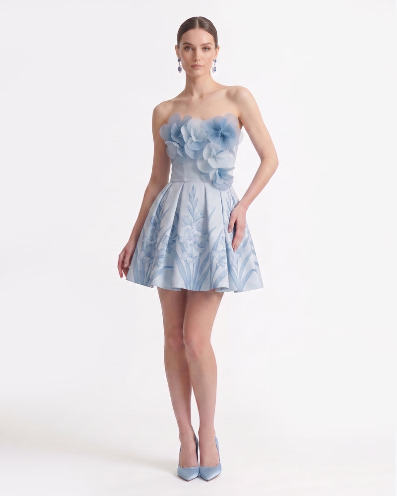 Gladiolus 3D Floral Appliqué Strapless A-Line Mini Dress - Light Blue