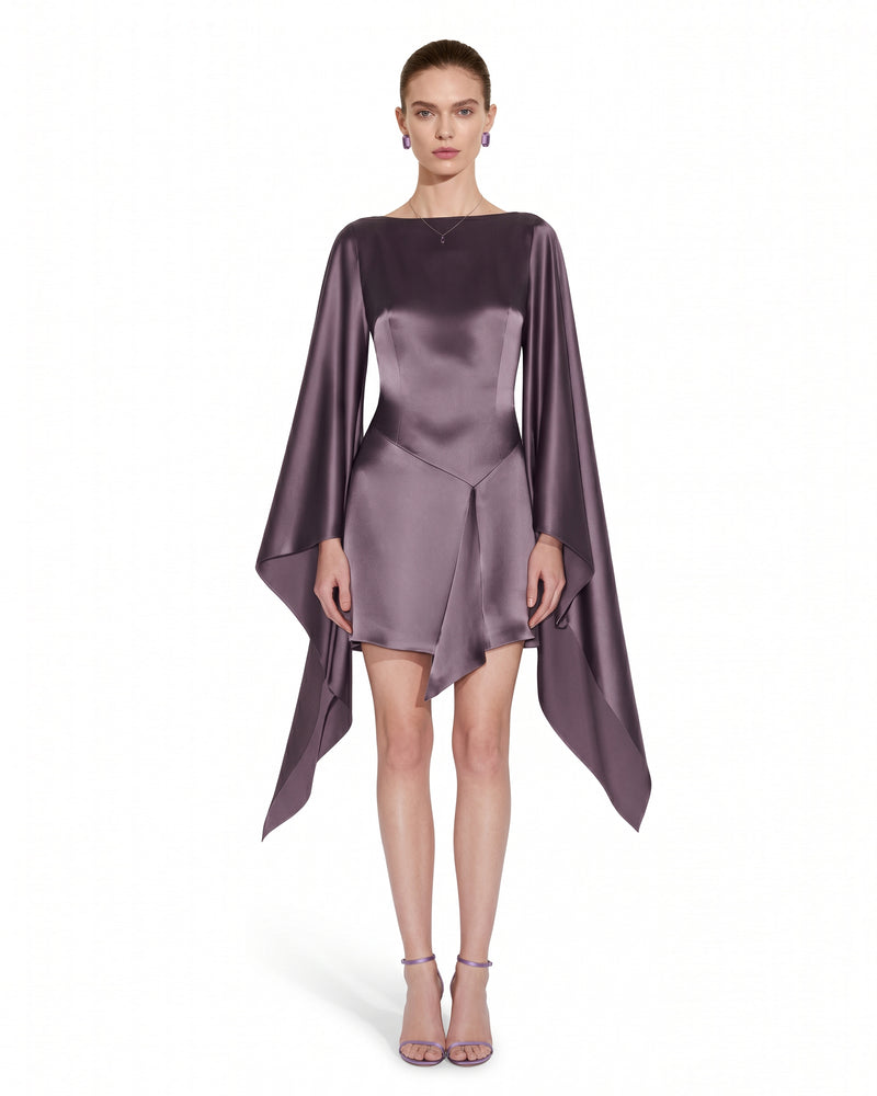 Satin Draped-Sleeve Mini Dress - Mauve
