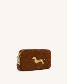 Riley Faux Suede Dachshund Quilted Shoulder Bag - Caramel Brown