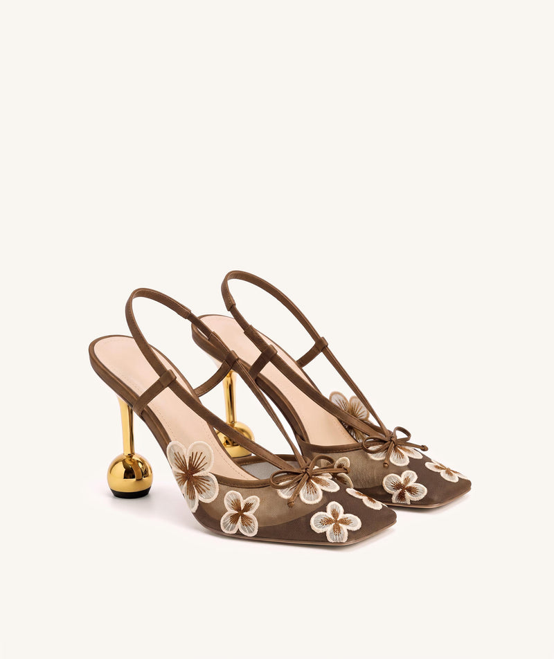 Mireille Floral Embroidered Bow Slingback Pumps - Brown