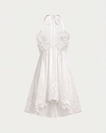 Flower Embroidered Halter Babydoll Mini Dress - White