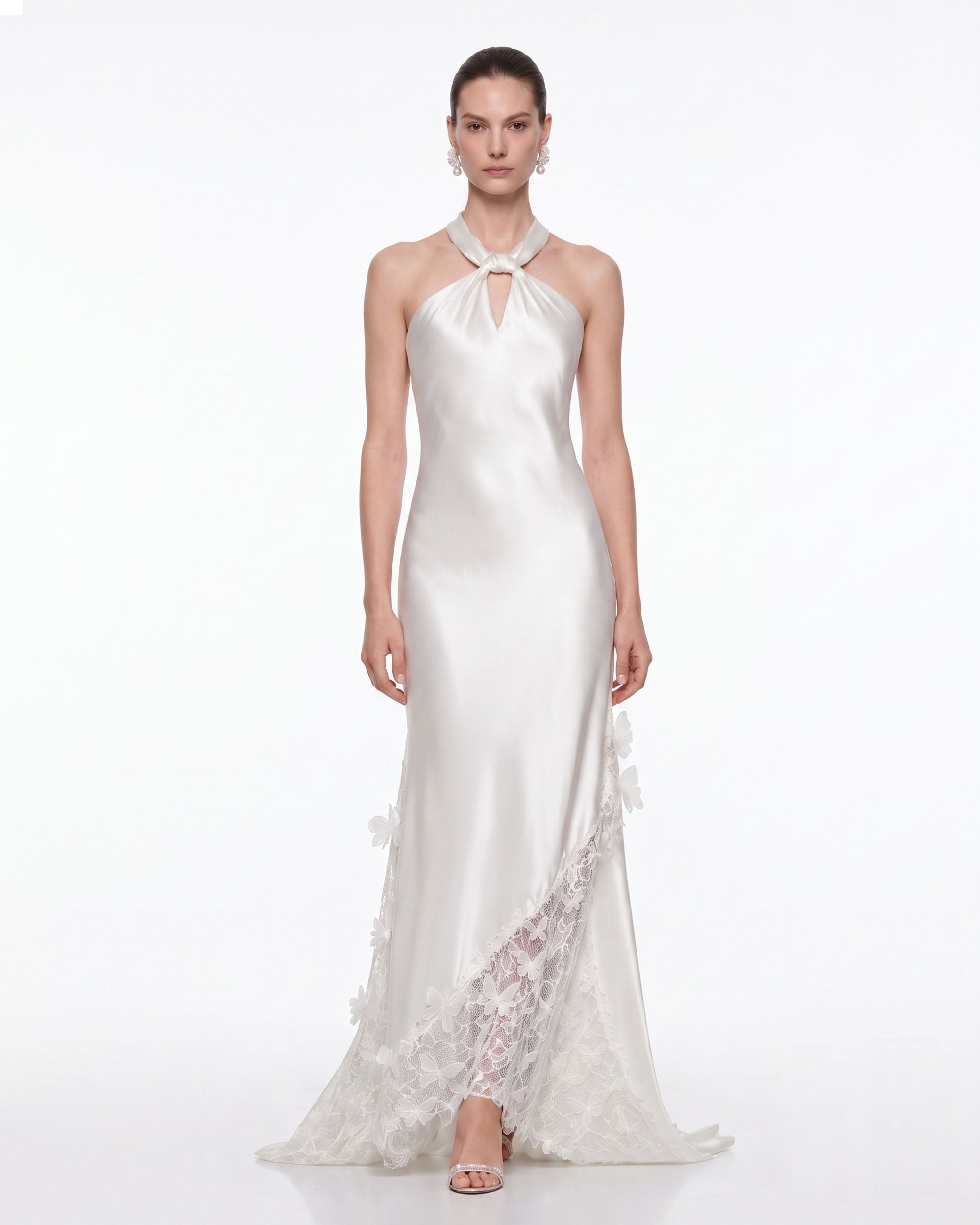 Lace Panel Halter Satin Maxi Dress - White