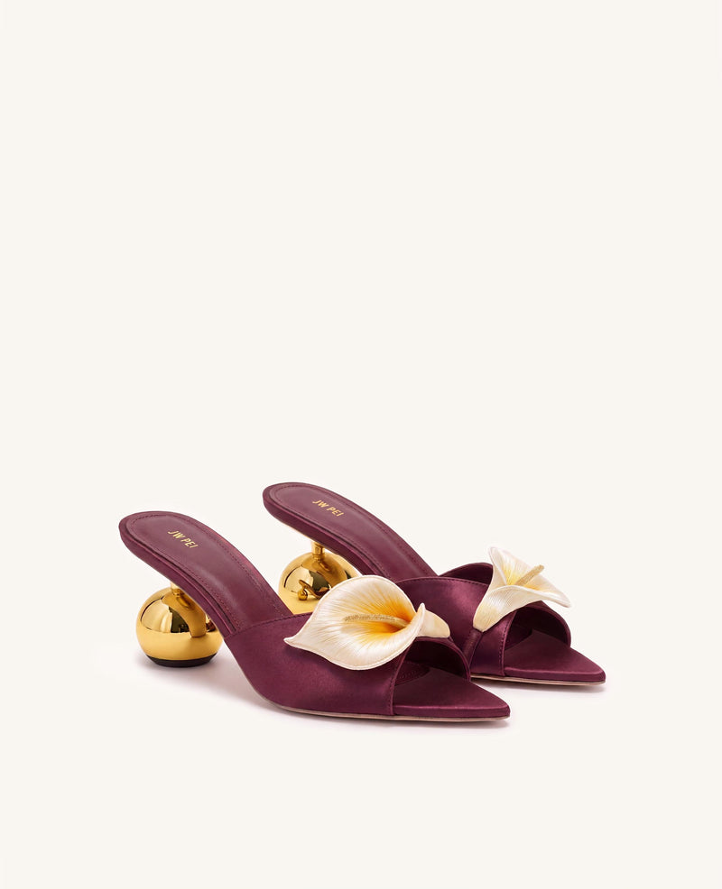 Bianca Calla Lily Sphere Heel Mules - Burgundy