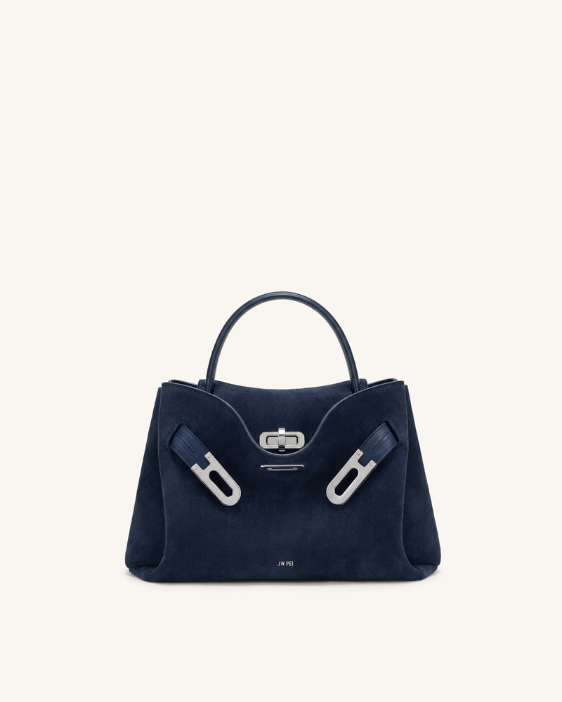 Rhea Small Faux Suede Double Buckle Shoulder Bag - Navy Blue