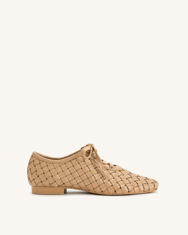 Kayla Weave Strap Flat Shoes - Apricot