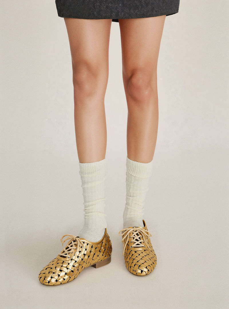 Kayla Weave Strap Flat Shoes - Gold