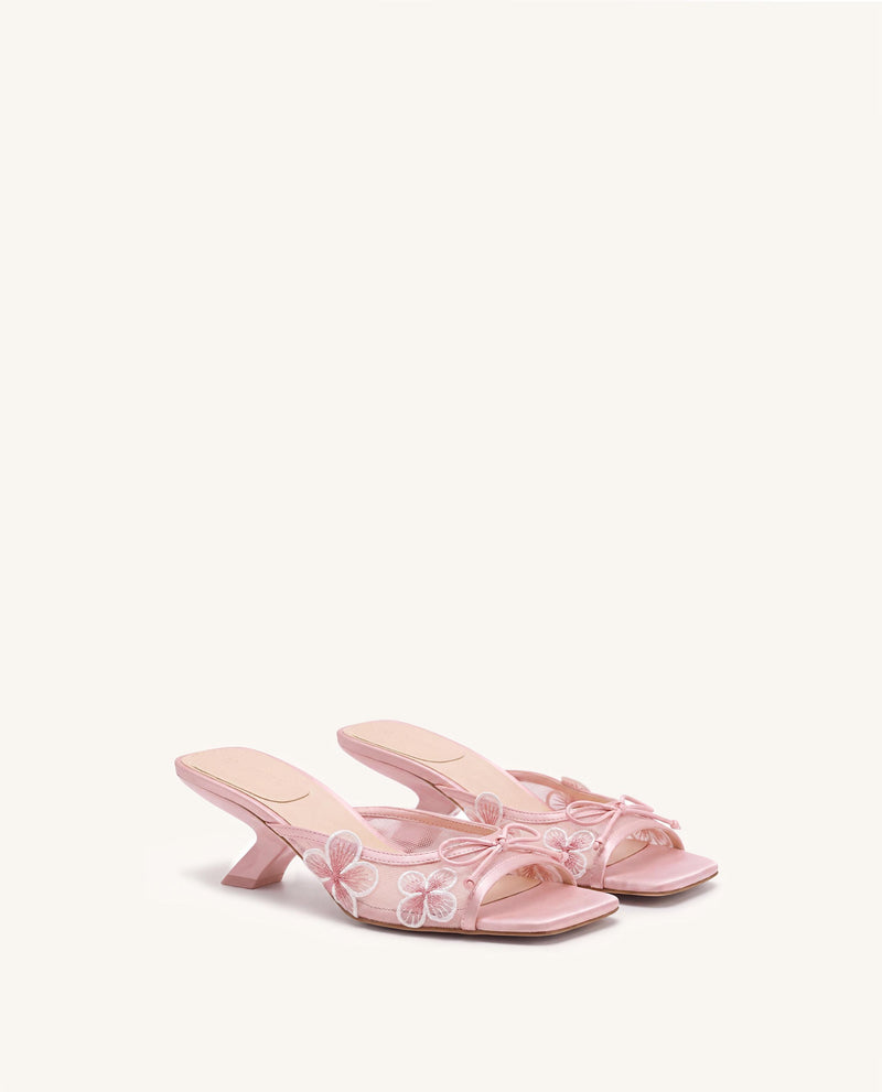 Mireille Bow Floral Embroidered Appliqué Mesh Heeled Sandals - Pink