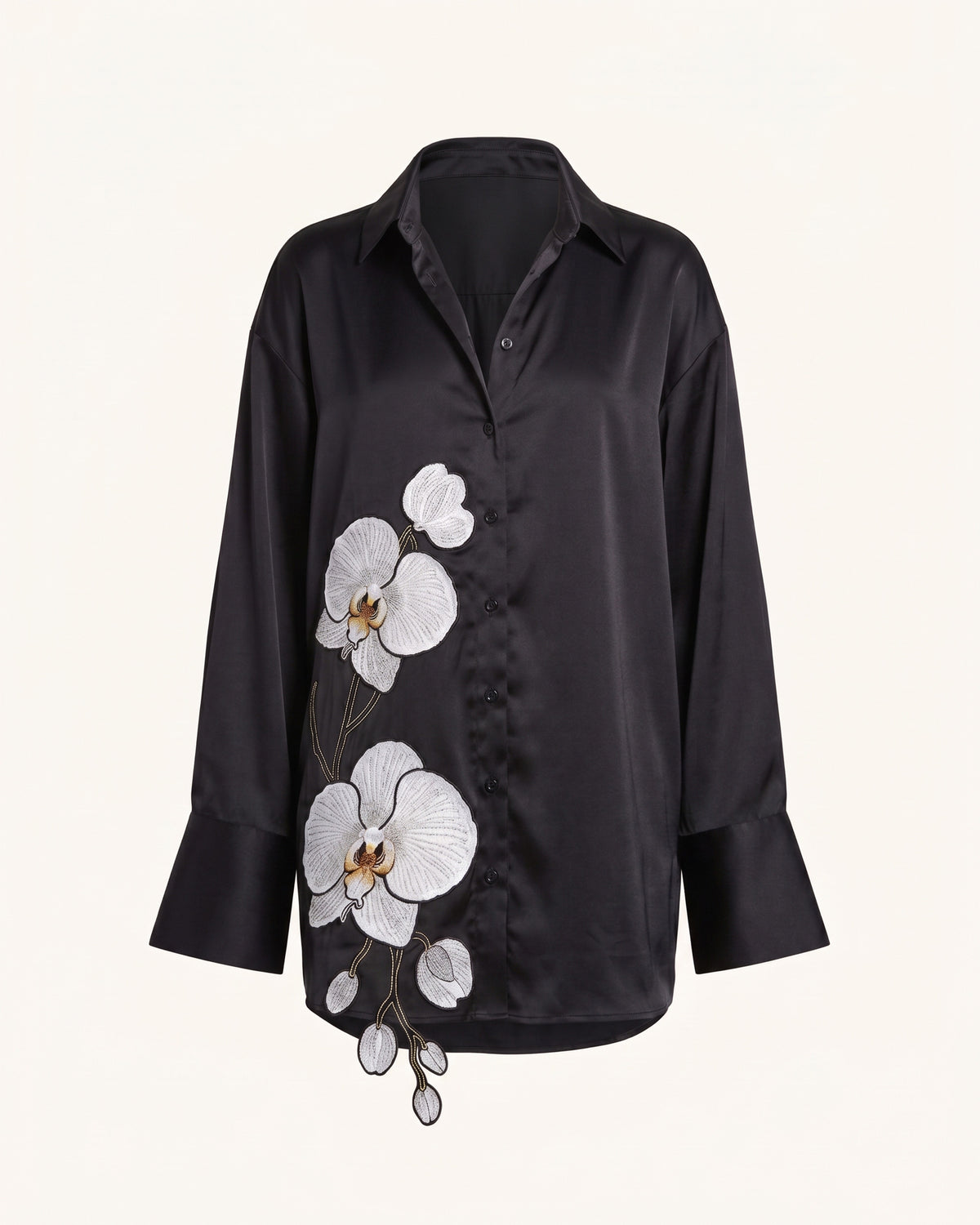 Orchid Embroidered Silk-Feel Button-Down Shirt - Black