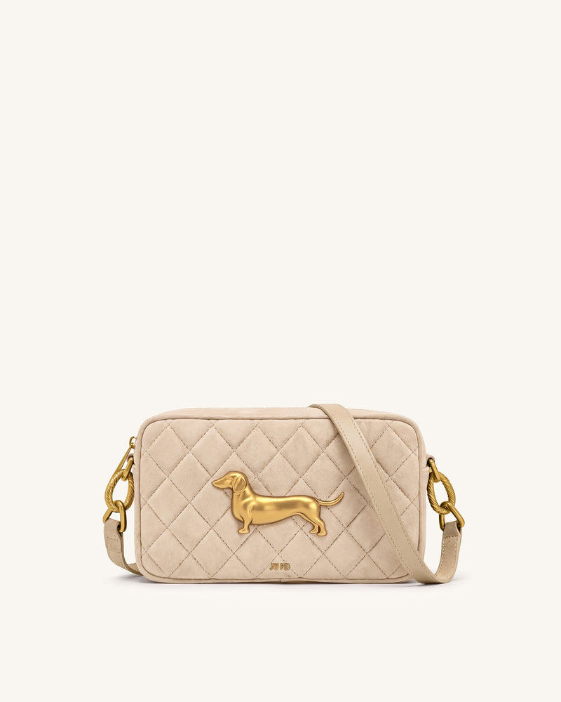 Riley Faux Suede Dachshund Quilted Shoulder Bag - Light Khaki