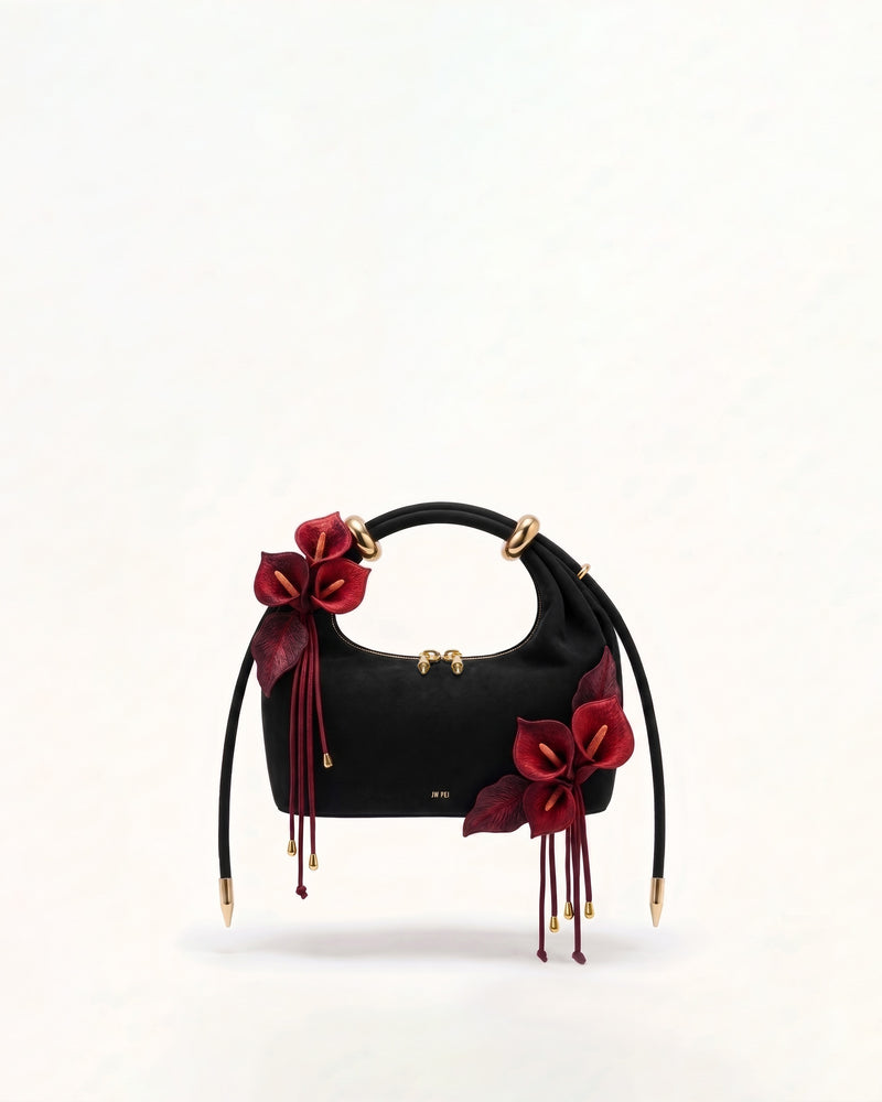 Ellie Faux Suede Metal Ring 3D Calla Embellished Top Handle Bag - Black/Red