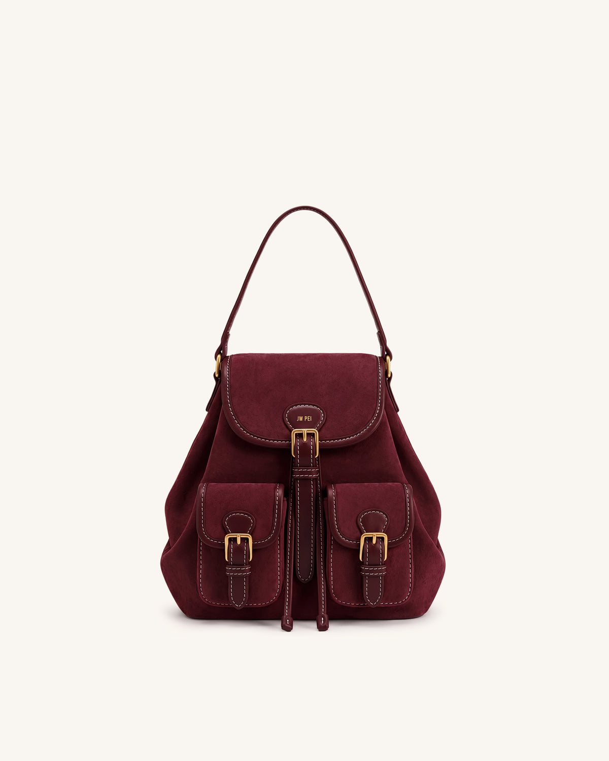 Harper Faux Suede Buckle Pocket Backpack - Burgundy