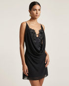 Flower Embroidered Cowl Neck Mini Dress - Black