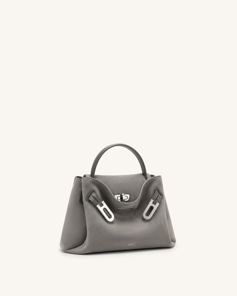 Rhea Small Faux Suede Double Buckle Shoulder Bag - Smoke Grey