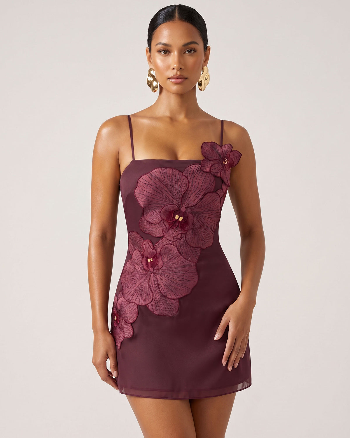 Orchid Appliqué Mini Dress - Burgundy