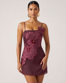 Orchid Appliqué Mini Dress - Burgundy
