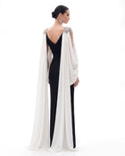 Crystal Shoulder Cape Maxi Dress - Black & Ivory