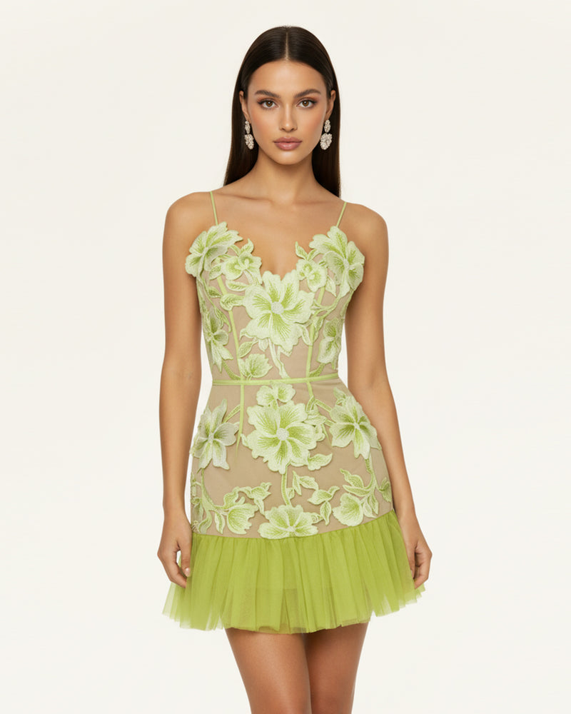 Floral Sling Mini Dress - Green