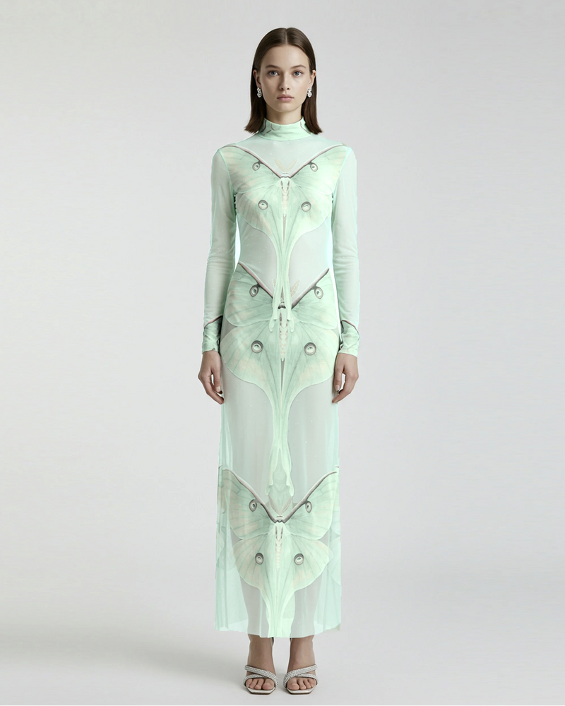 Moth Sheer Mesh Gown - Green/Beige