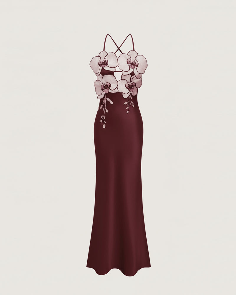 Orchid Embroidered Dress - Burgundy/Ivory
