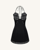 Flower Embroidered Mini Dress - Black