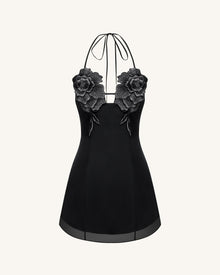 Flower Embroidered Mini Dress - Black
