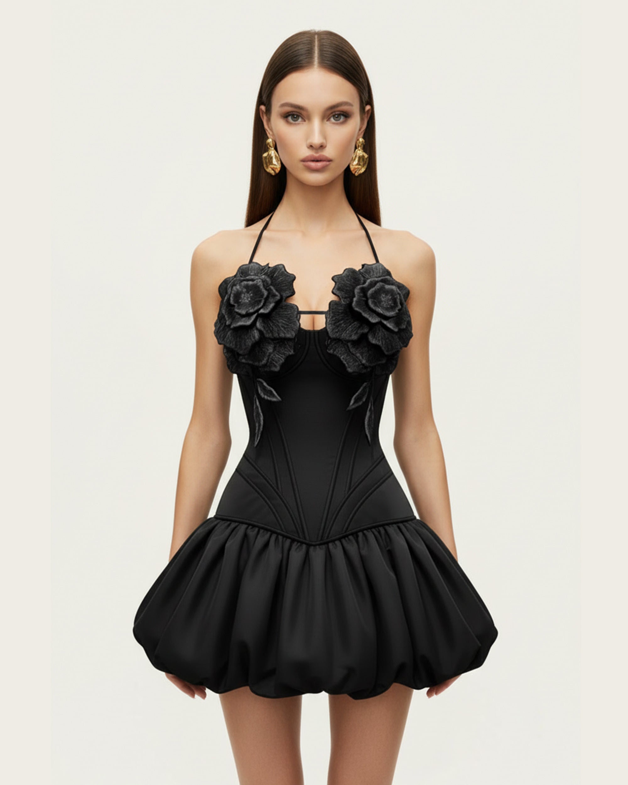 3D Floral Halter Mini Dress - Black