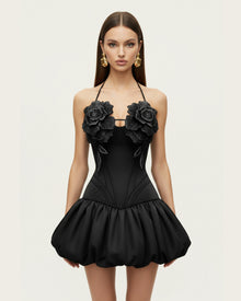 3D Floral Halter Mini Dress - Black