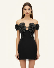 3D Floral Off-Shoulder Mini Dress - Black