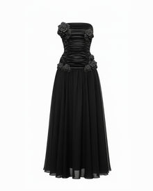 3D Floral Strapless Maxi Dress - Black