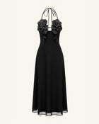 3D Floral Halter Maxi Dress - Black