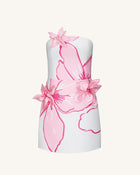 Mini Dress with Pink Floral Appliqués - White/Pink