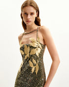 Araminta Sequined Gown with Floral Details - Gold