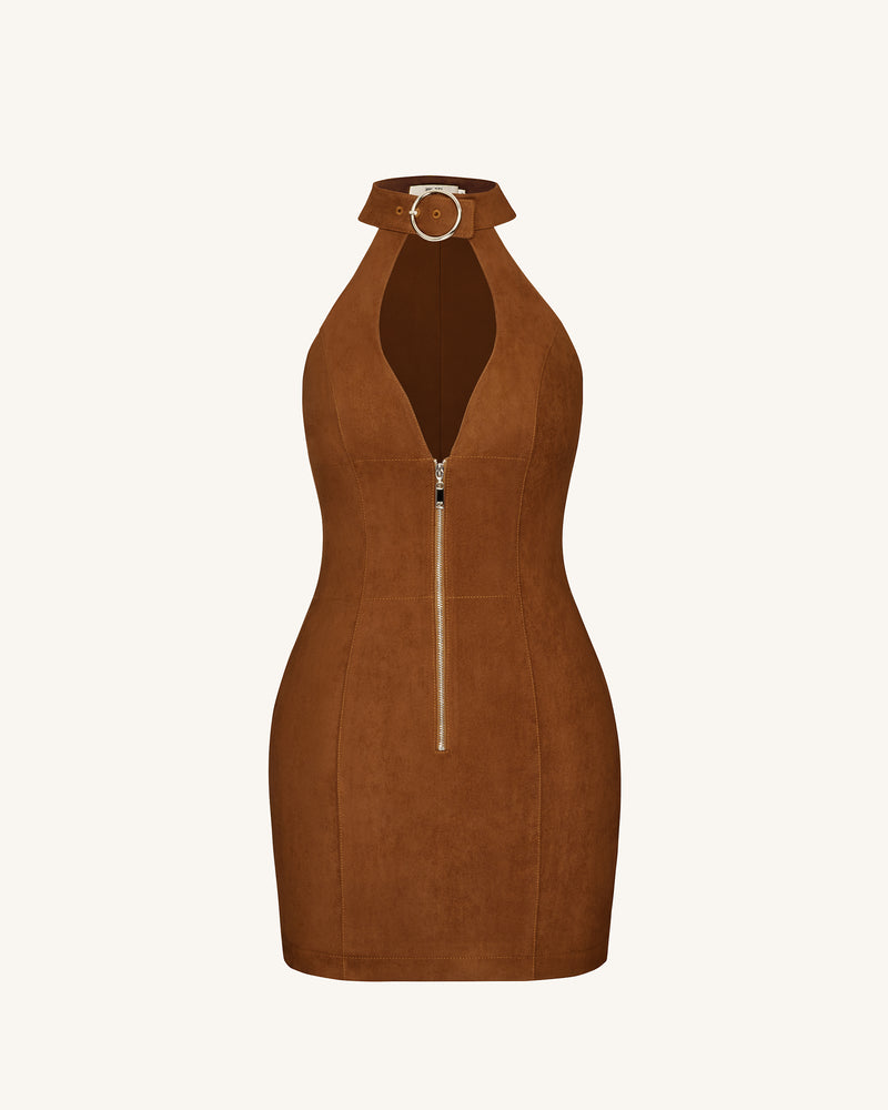 Ruby Halter Neck Zipper Mini Dress - Brown