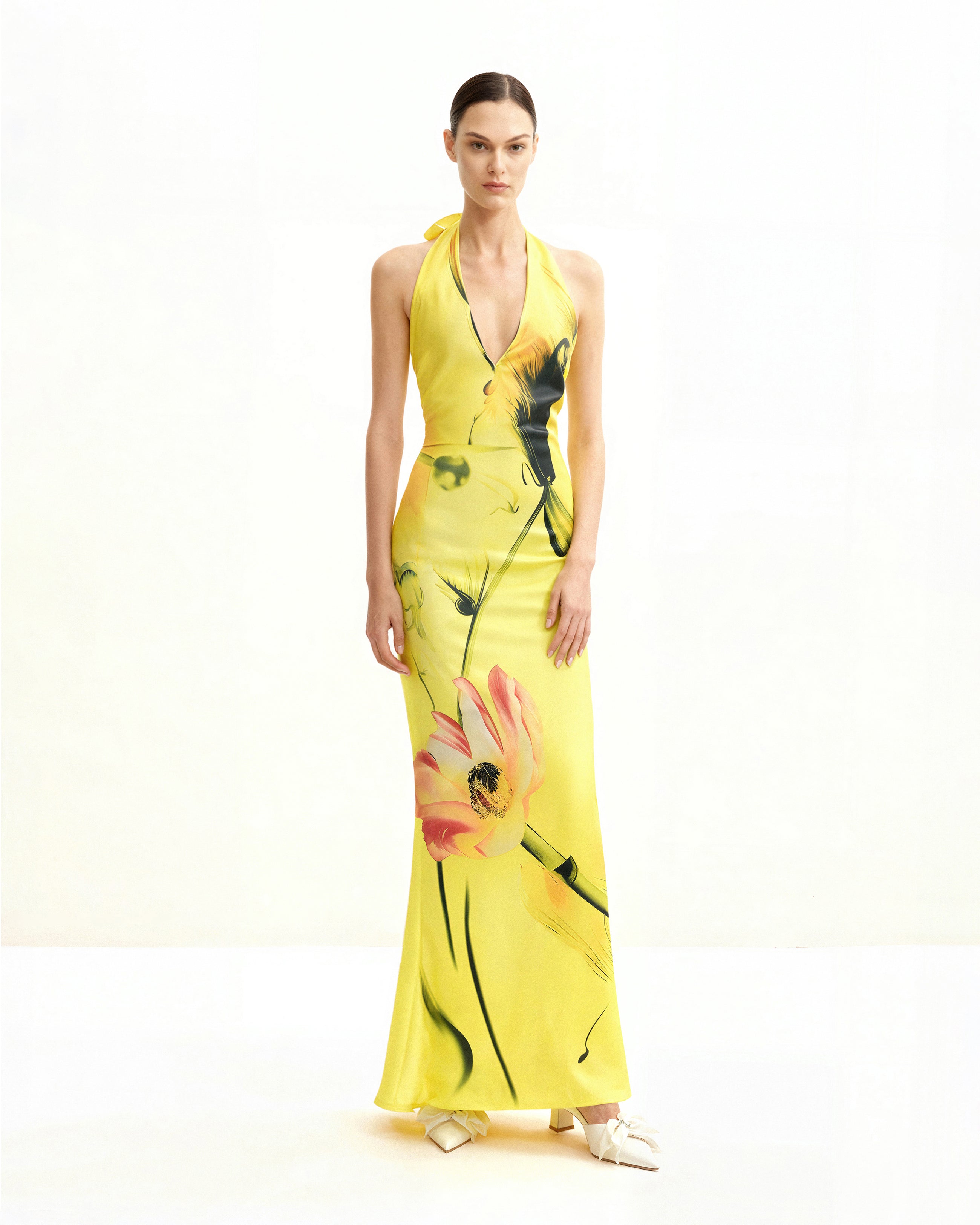 Floral Satin Halter Dress - Yellow/Pink