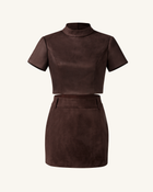 Grace Faux Suede Crop Top and Mini Skirt Set - Chocolate Brown