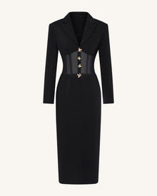 Sheer Boned Corset Waist Blazer Maxi Dress - Black