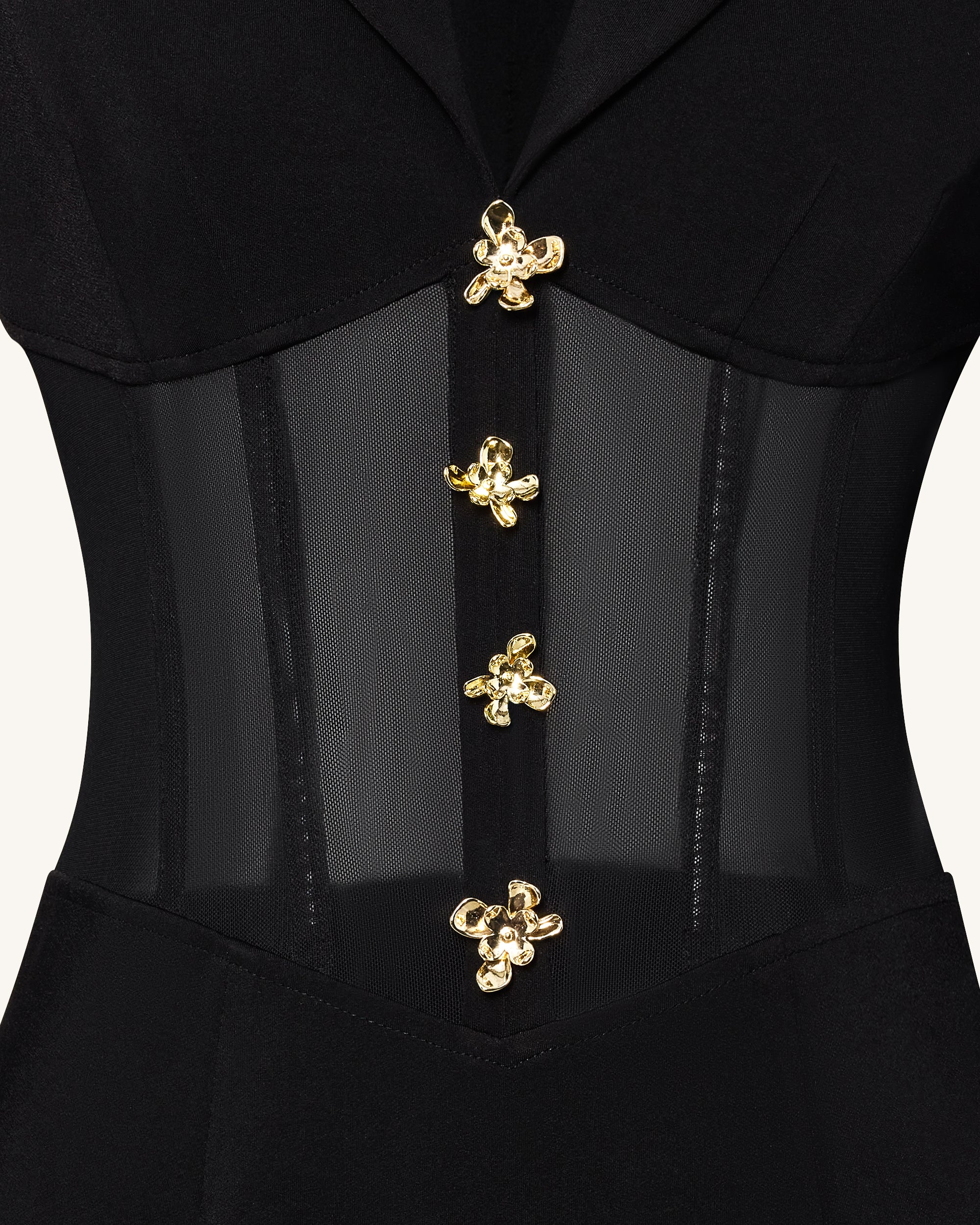 Sheer Boned Corset Waist Blazer Maxi Dress - Black