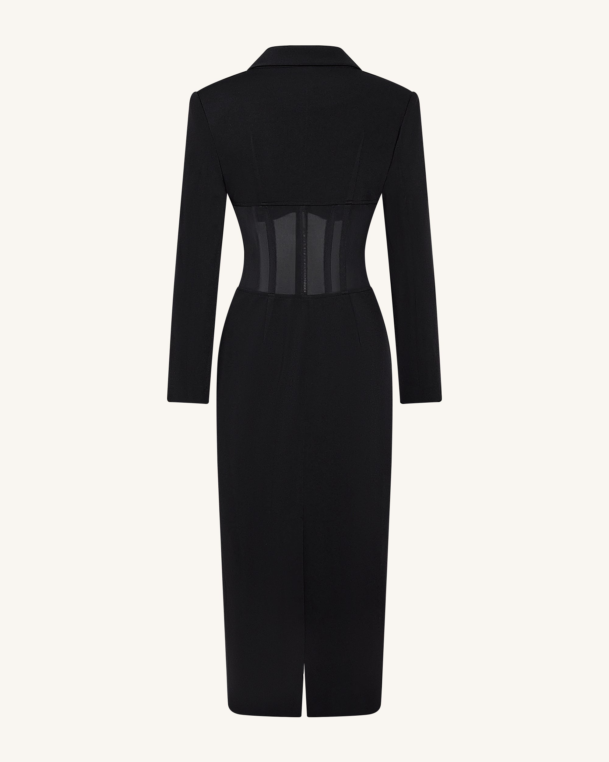 Sheer Boned Corset Waist Blazer Maxi Dress - Black