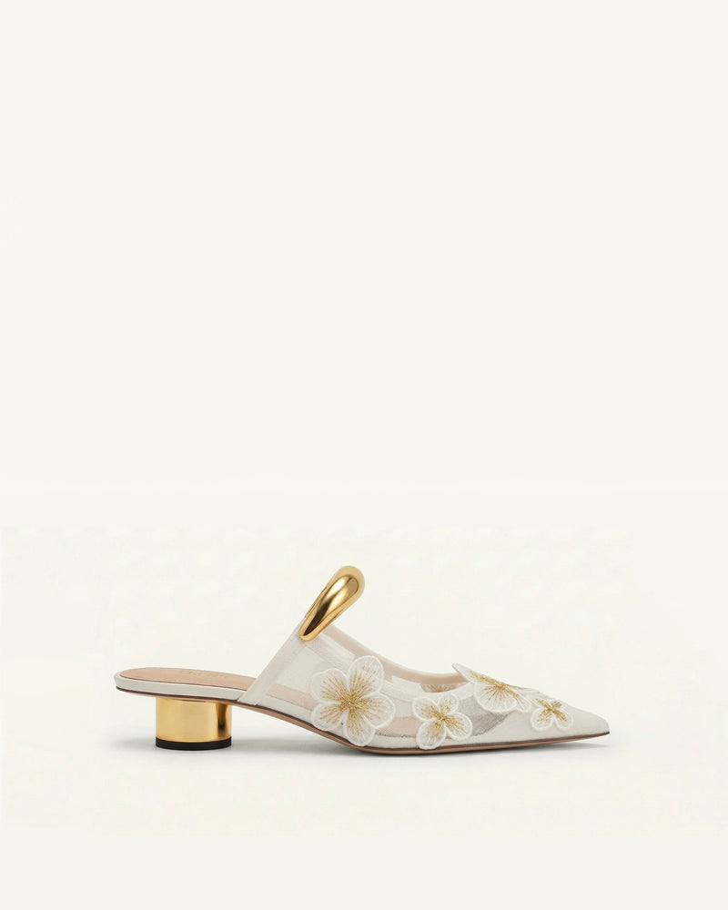 Helena Pierced Floral Mesh Mules - Ivory