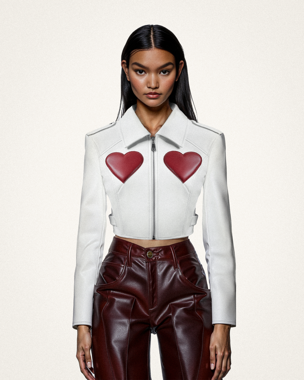 Sophie Cropped Leather Jacket - White & Red