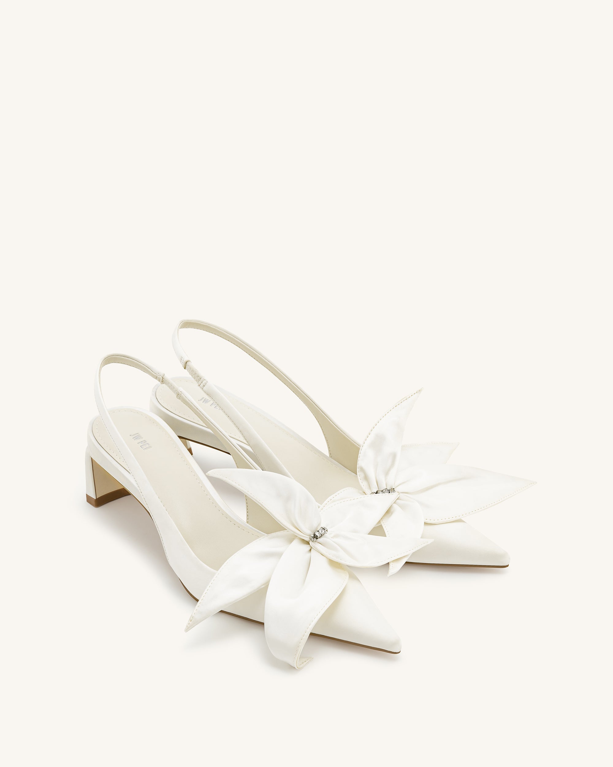 Queena Floral Appliques Slingback Pumps - Ivory White