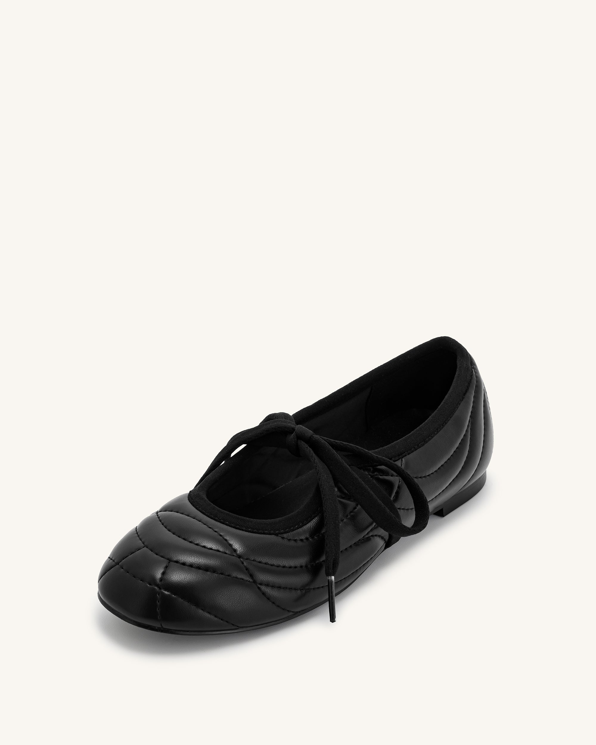 Erika Topstitching lace-up ballet Flats- Black