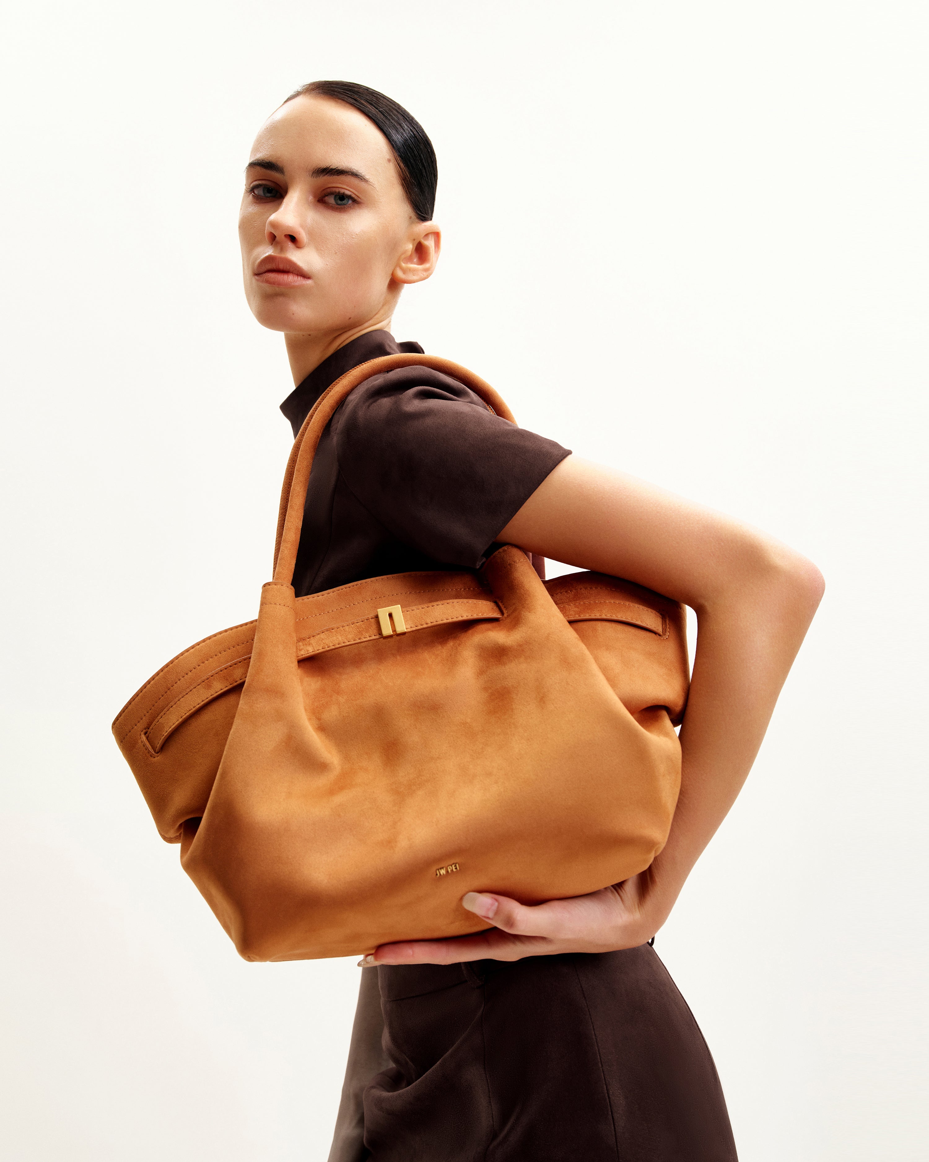 Hana Medium Faux Suede Tote Bag - Brown | JW PEI