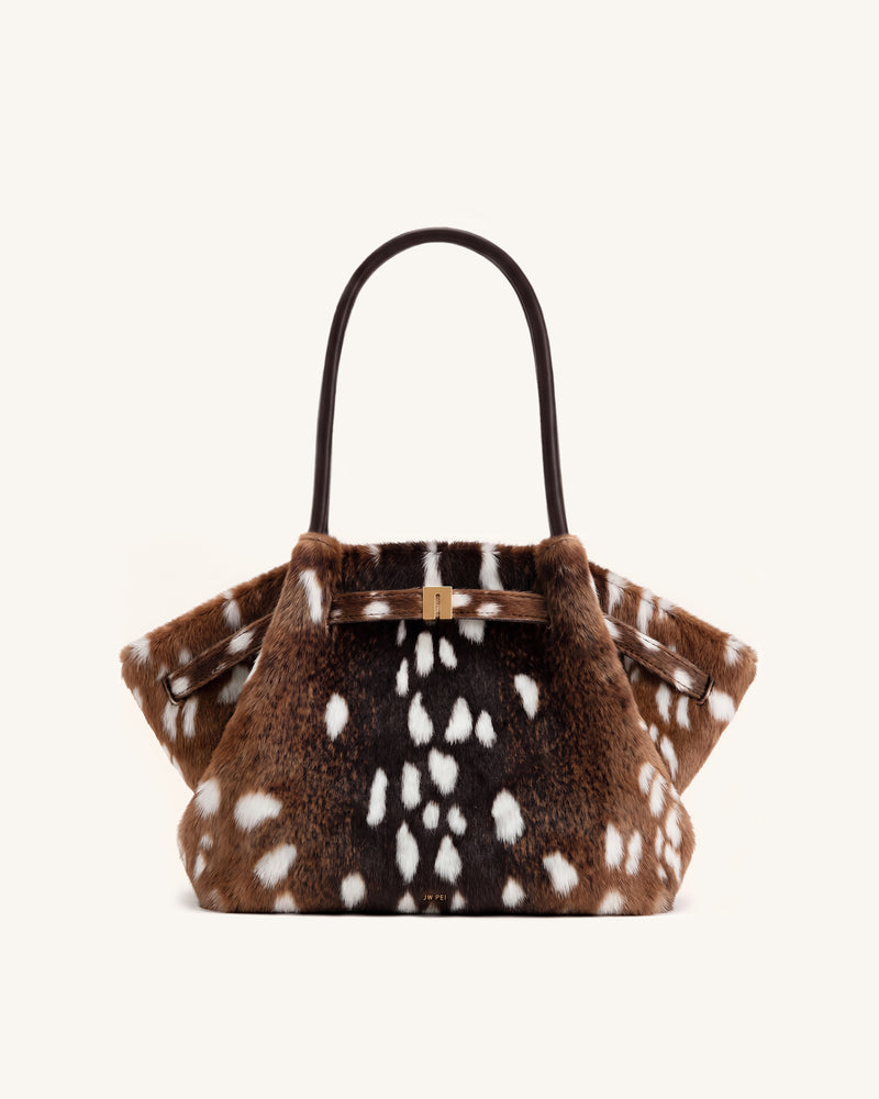 Hana Medium Faux Fur Deer Pattern Tote Bag - Dark Brown