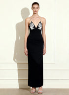 Ayliua Sweetheart-Neckline Rhinestones Embellished Black Long Dress - Black