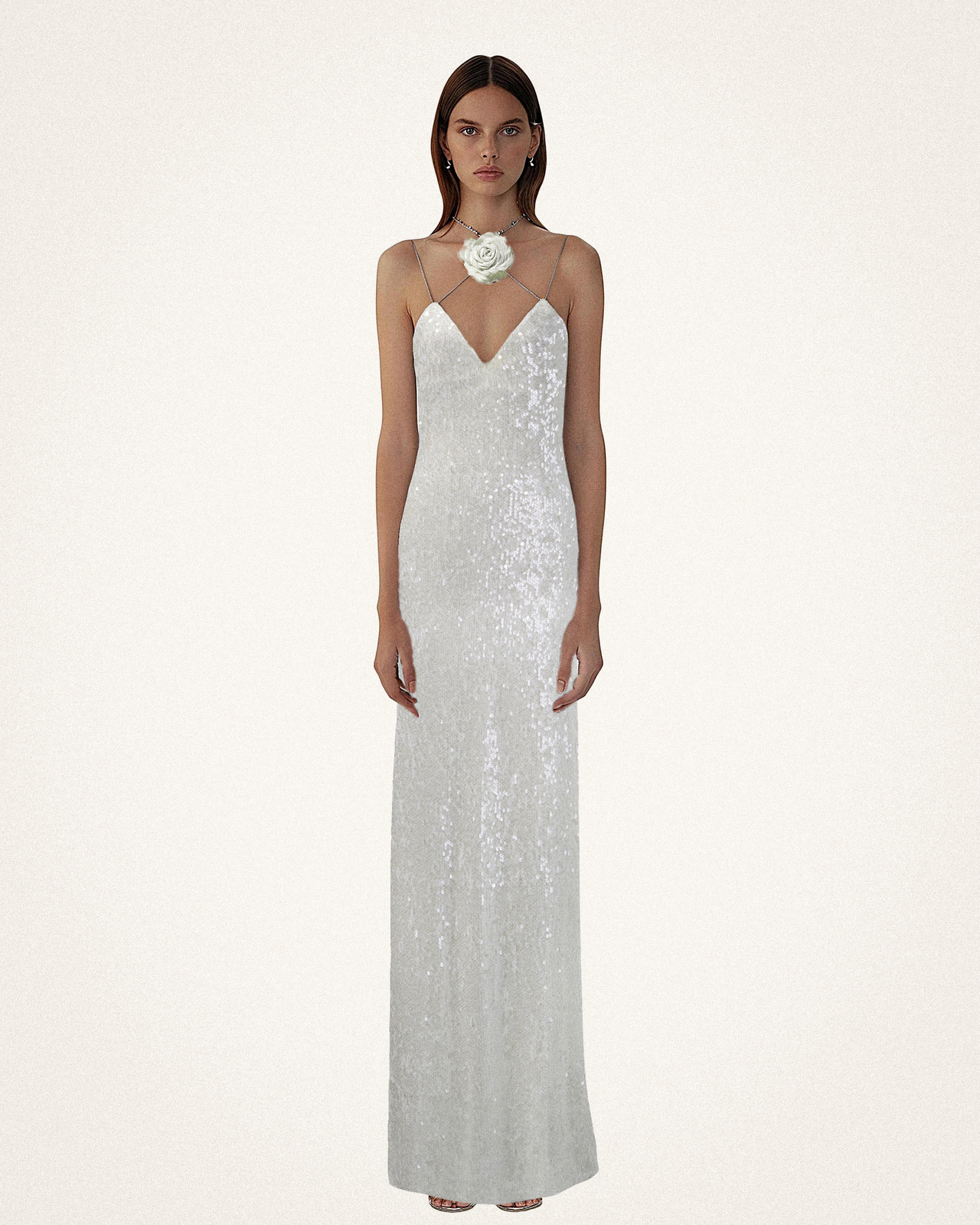 Heisey White Sequinned Rosette Maxi Dress - White